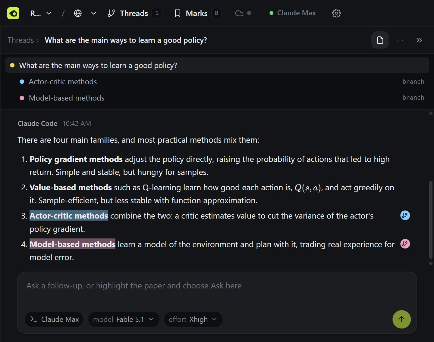 A Qrabbit thread answering 'What are the main ways to learn a good policy?' with a numbered list. Two of its points are highlighted as branches, and the outline above the thread lists them under it.