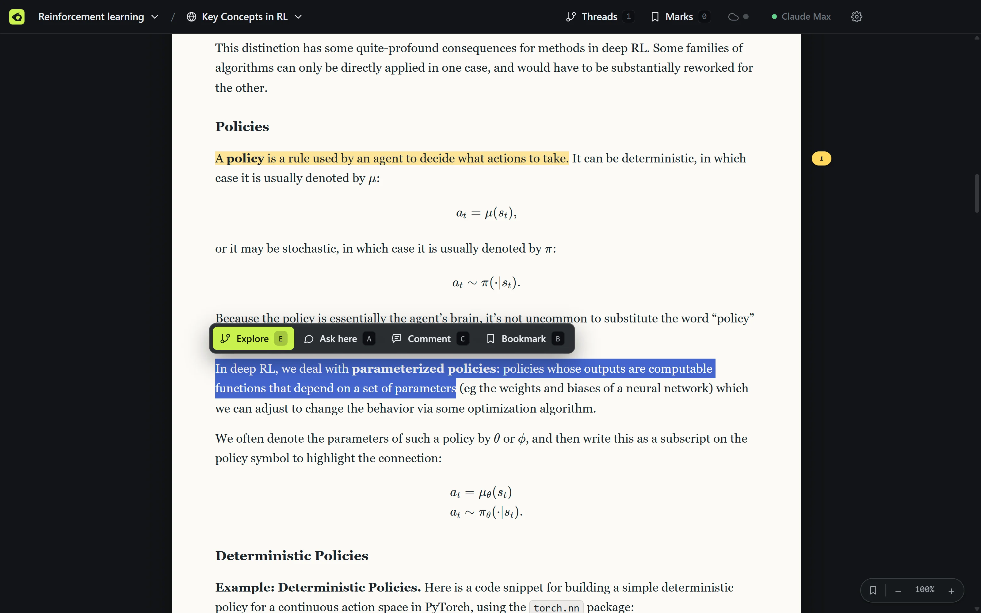 Qrabbit with a web article open: a passage about parameterized policies is selected and the Explore, Ask here, Comment and Bookmark toolbar sits above it.
