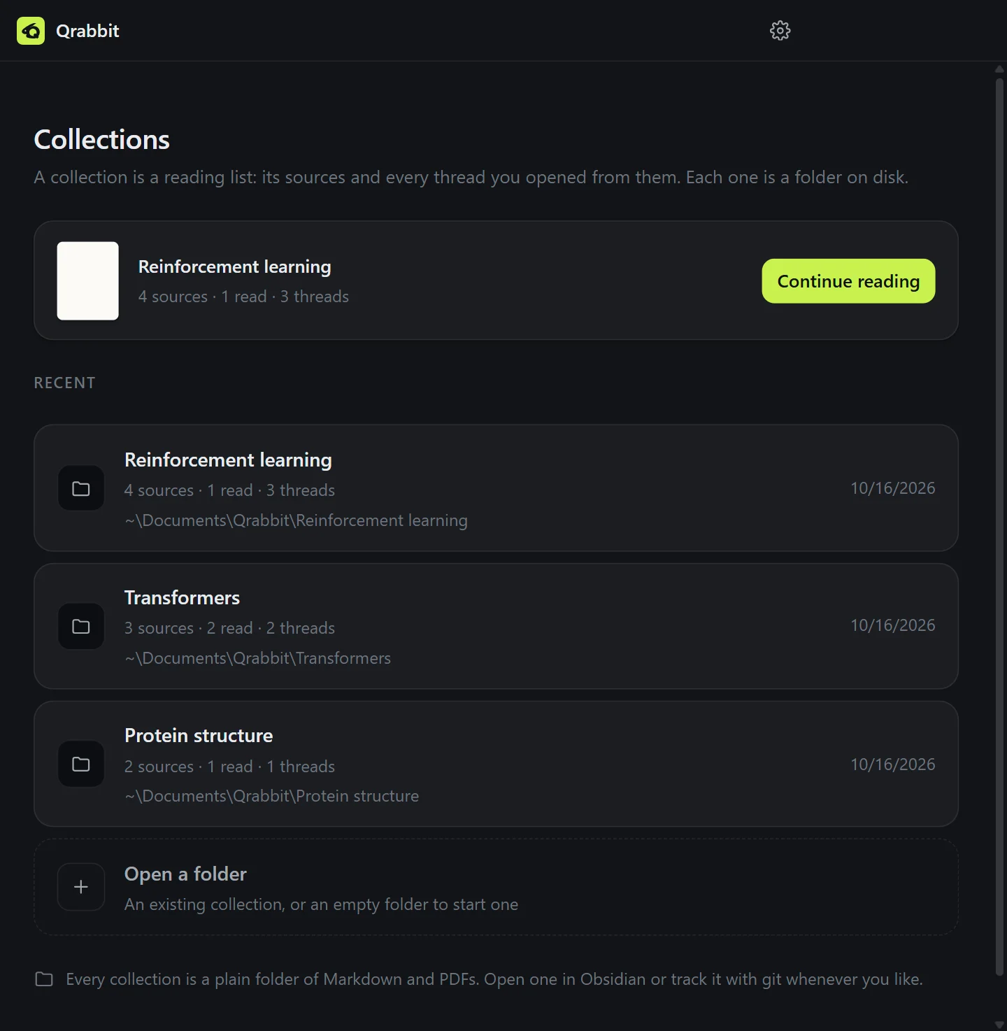 The Qrabbit home screen: a card to continue reading Reinforcement learning, and three recent collections with their sources, read counts, threads and folders.